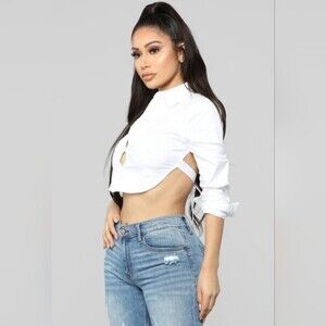 Fashion Nova Cater To You Tie Up Crop Top Long Sleeve Polo Shirt Blouse Size M